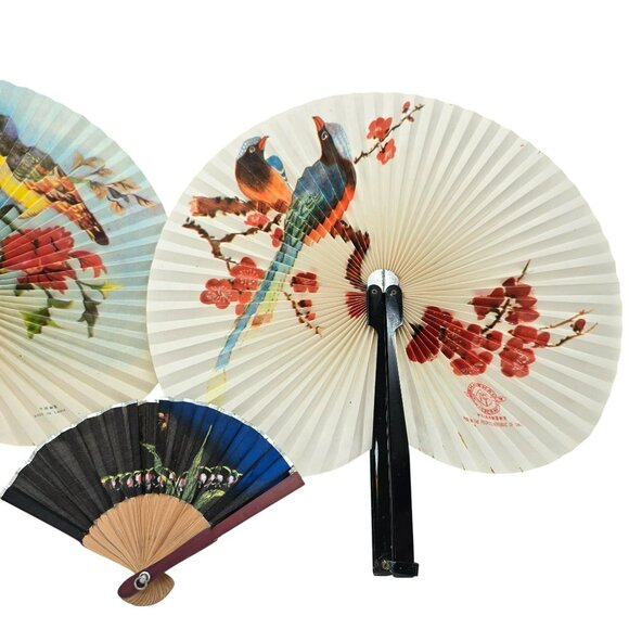 Vintage Asian Paper & Bamboo Hand Fans Set With Bird & Floral Designs je186 - Picture 3 of 12